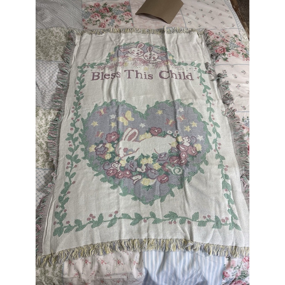 Vintage Baby Blanket BLESS THIS CHILD Cotton 36" X 48" Cottagecore Nursery NEW!